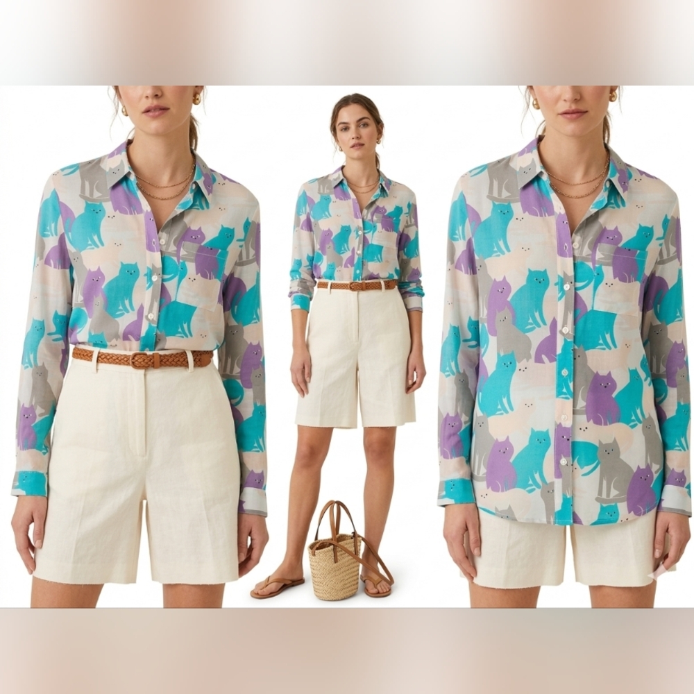NWT TBOE Whimsical Multi-Color Cat Print Viscose Button-Down Blouse